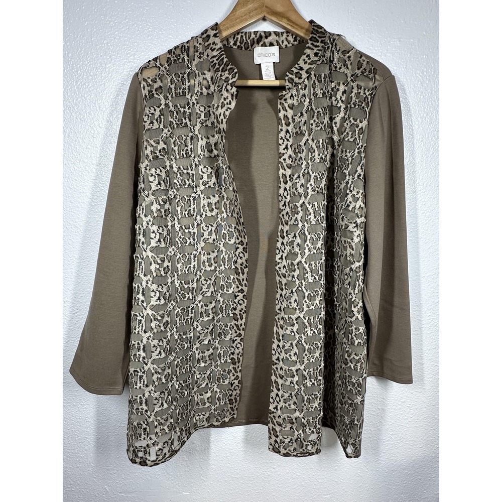 Chico's Sweater Womens Petite 2 Brown Open Front Cardigan Mesh Leopard Print